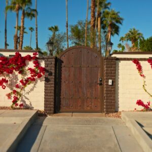 A wooden arched gate set within a white brick wall with dark brown brick pillars on each side. Red flowering vines climb the wall on both sides of the gate. Two lantern-style lights are mounted on the brick pillars. Tall palm trees and a clear blue sky are visible in the background.