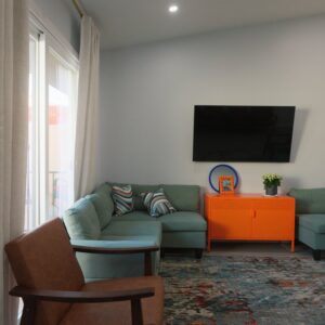 Living room with light blue sectional sofa adorned with striped pillows, a brown armchair, an orange cabinet with a small plant and picture frame, a wall-mounted flat-screen TV, light gray walls, white curtains, and a multicolored patterned rug.