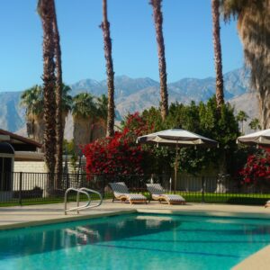 Outdoor swimming pool with clear blue water, surrounded by a concrete deck. Four striped lounge chairs are arranged near two large beige umbrellas. Tall palm trees and vibrant red flowering bushes line the background, with mountains visible in the distance under a clear blue sky. A black metal fence encloses the pool area.