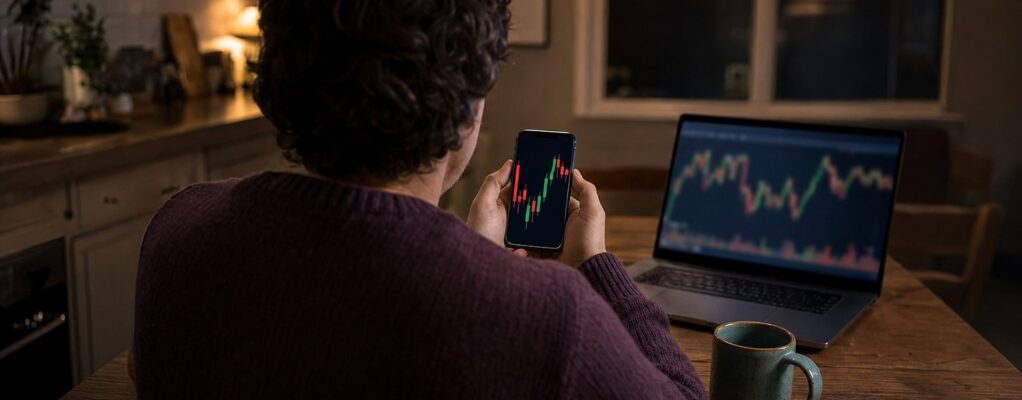 AI-generated illustrative photograph of a person seen from behind at a kitchen table at night, holding a phone that shows a candlestick trading chart, with a laptop chart and a teal mug nearby.