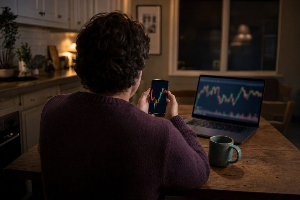 AI-generated illustrative photograph of a person seen from behind at a kitchen table at night, holding a phone that shows a candlestick trading chart, with a laptop chart and a teal mug nearby.