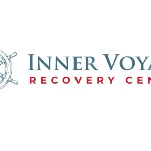 A detailed, hand-drawn ship's wheel in blue is positioned to the left of the text. The text reads "INNER VOYAGE" in large blue capital letters, with "RECOVERY CENTER" below it in smaller red capital letters. The overall design has a nautical theme.