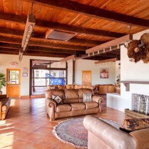 Spacious living room with a rustic wooden ceiling and terracotta tile floor. The room features three brown leather sofas arranged around a circular patterned rug. Large windows on the left side allow natural light to fill the space. A mounted bison head is displayed above a white fireplace with a wooden mantel. There are potted plants near the windows and wooden doors at the far end of the room. Ceiling lights with exposed bulbs hang from wooden beams.