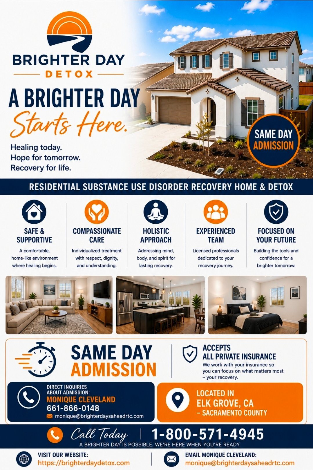 Brighter Day Detox ad with a house, “A BRIGHTER DAY Starts Here,” “SAME DAY ADMISSION,” and contact details.