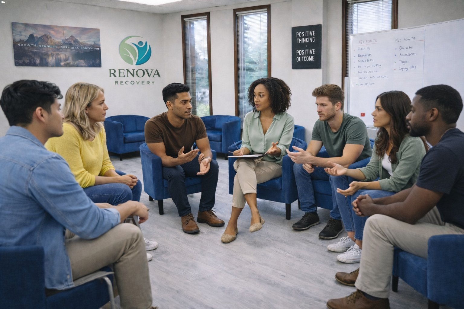 Group therapy session in a room with RENOVA RECOVERY signage, a whiteboard, and a “POSITIVE THINKING POSITIVE OUTCOME” poster.