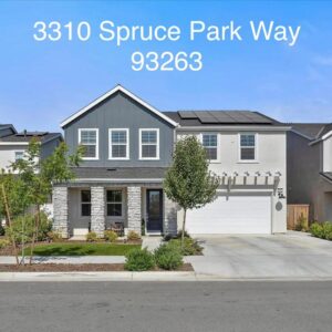 Two-story suburban house with solar panels and the text “3310 Spruce Park Way 93263” at the top.