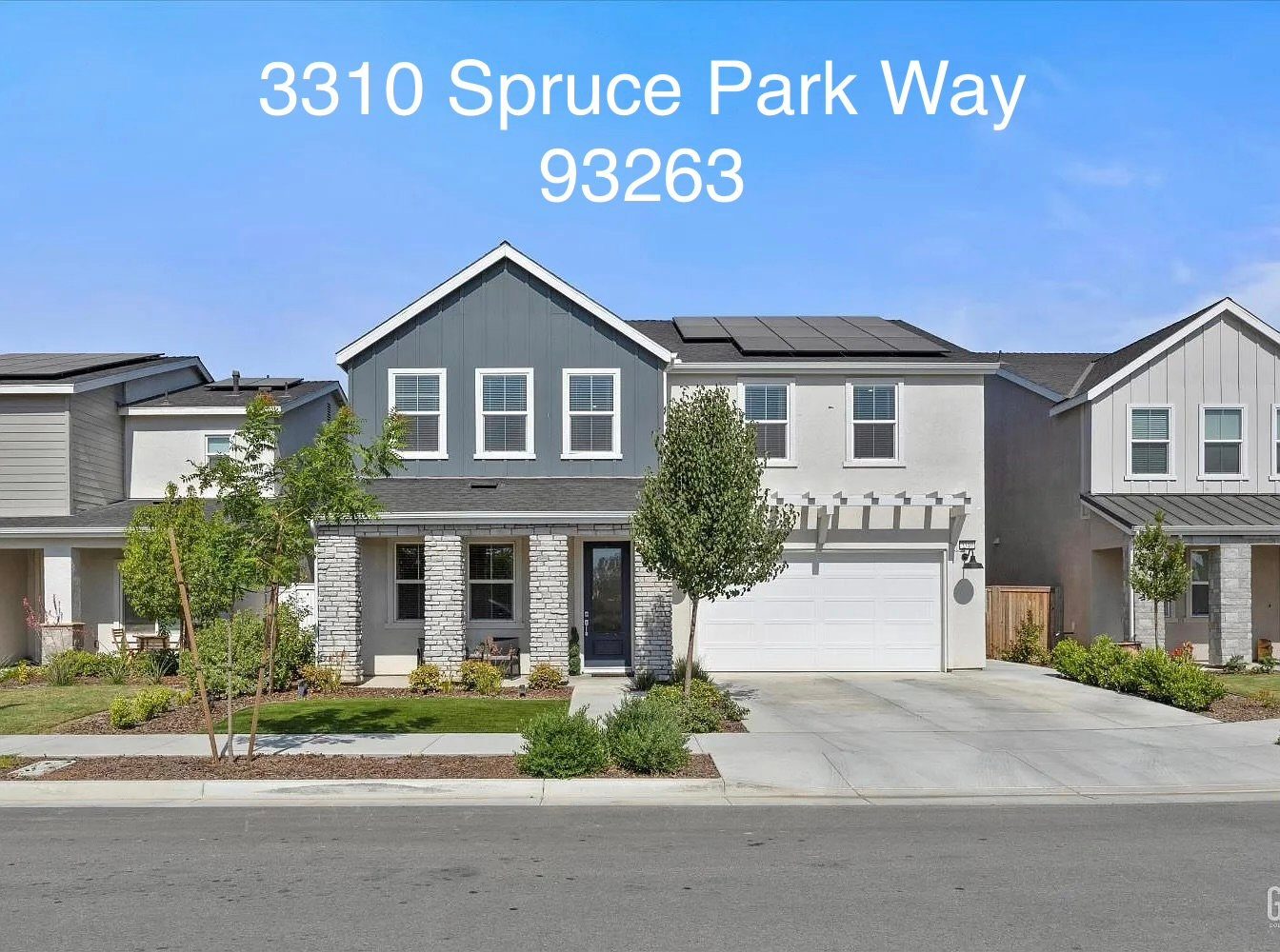 Two-story suburban house with solar panels and the text “3310 Spruce Park Way 93263” at the top.