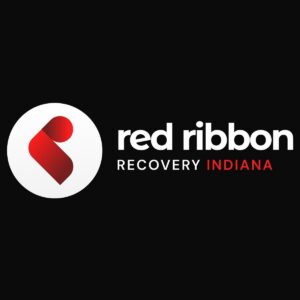 Red Ribbon Recovery Indiana logo on a black background with a red ribbon icon in a white circle
