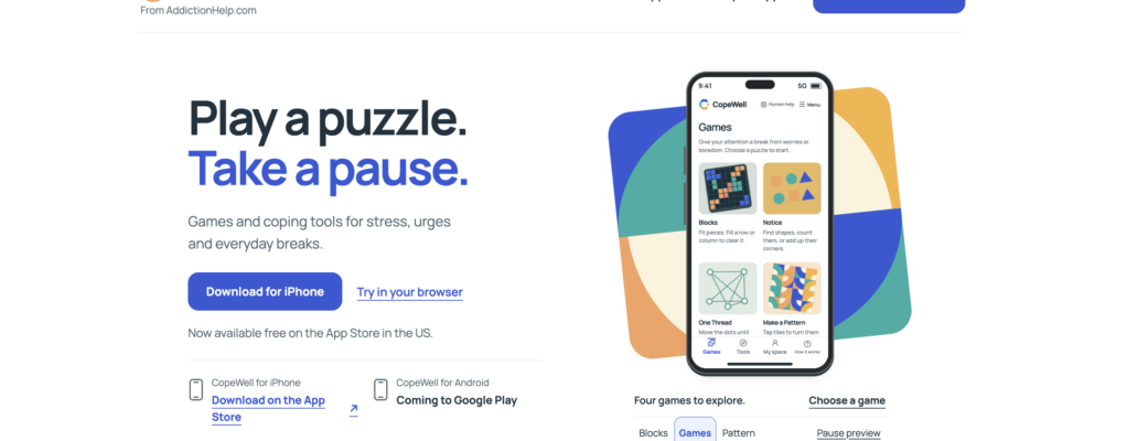 CopeWell landing page with the headline “Play a puzzle. Take a pause.” and an iPhone app preview on the right.