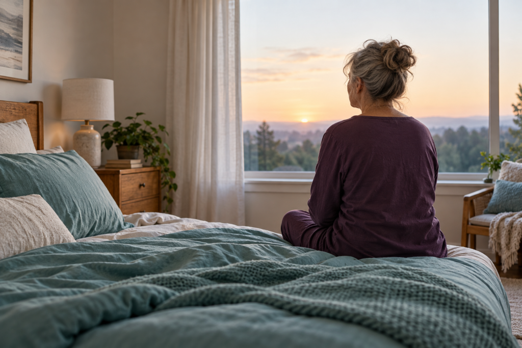AI-generated illustrative photograph of an adult seated on a bed at sunrise, with plum sleepwear and teal bedding.