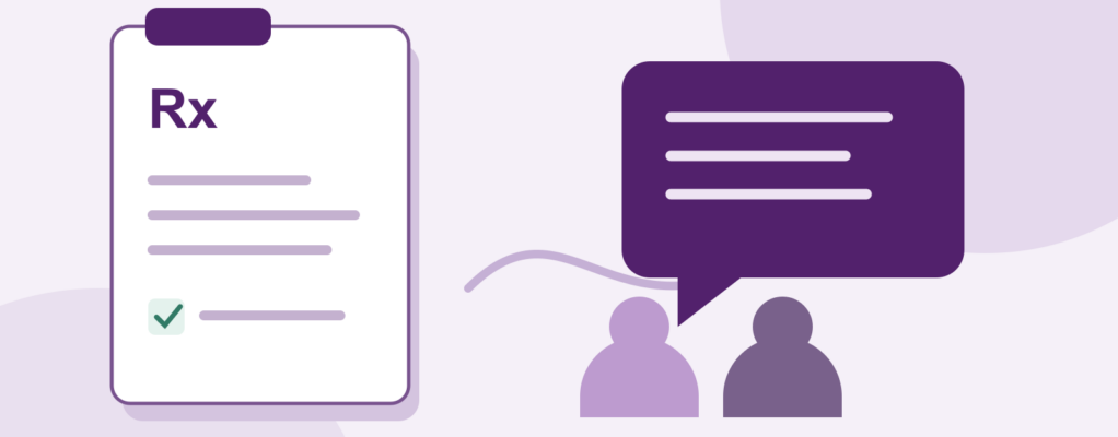 Illustration of a prescription checklist beside a conversation between two people.