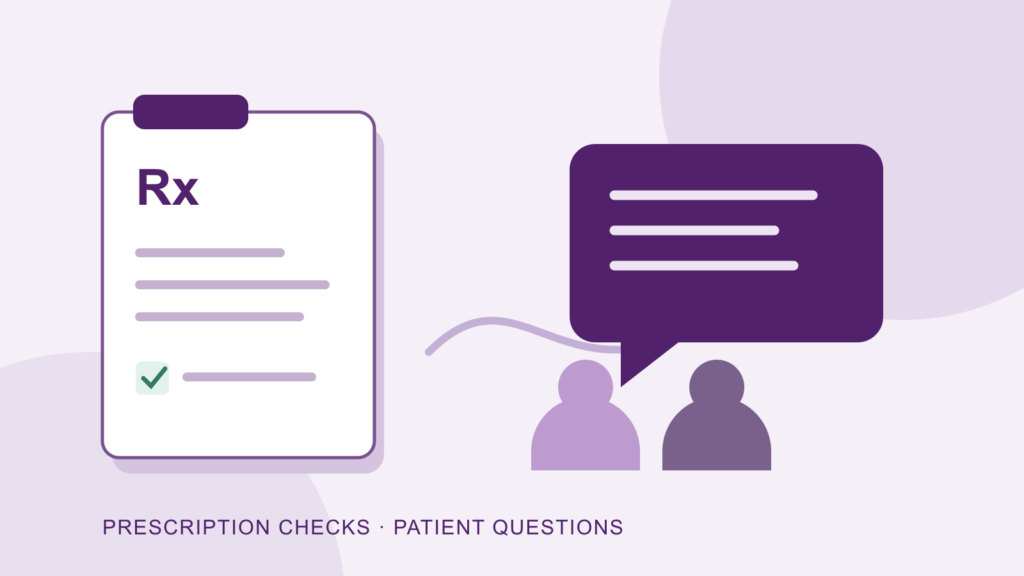 Illustration of a prescription checklist beside a conversation between two people.