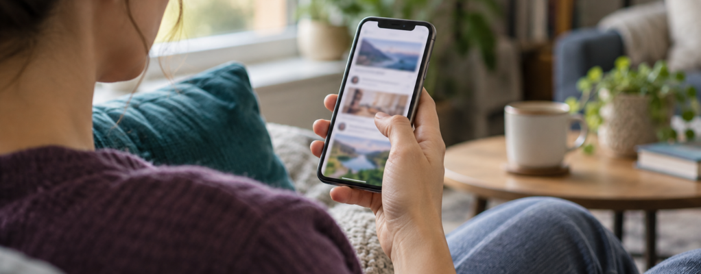 AI-generated illustrative photograph of an adult holding a phone beside a window, with a plum sweater and teal cushion.