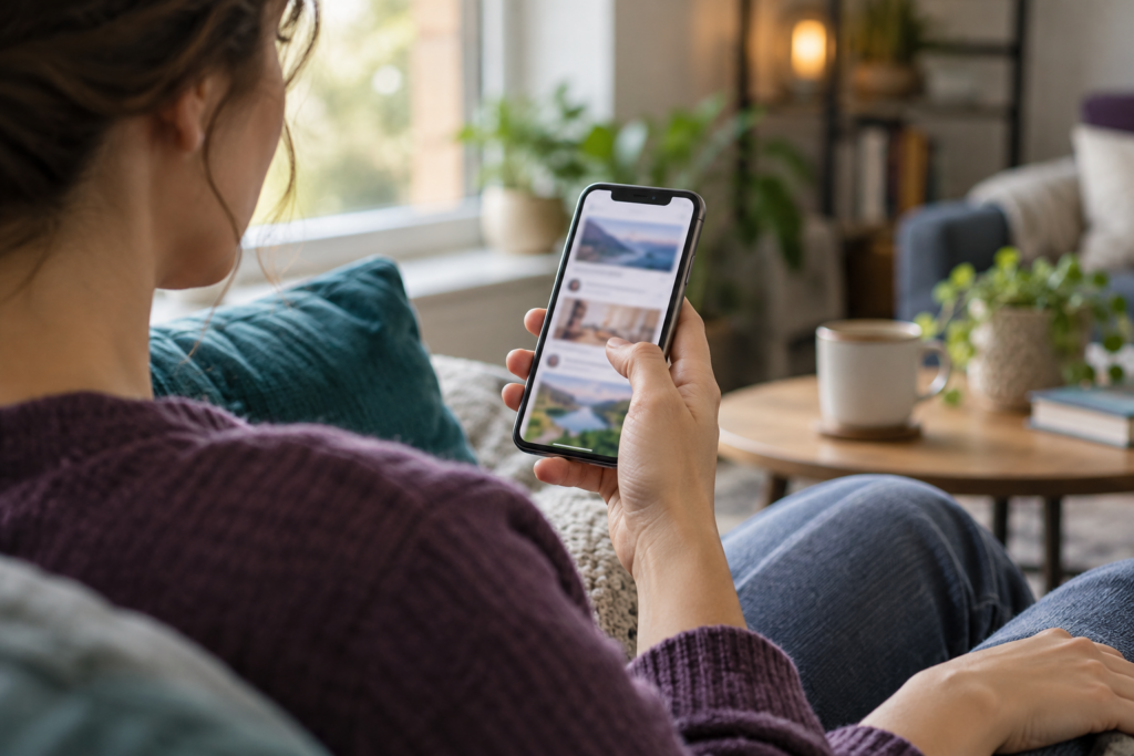 AI-generated illustrative photograph of an adult holding a phone beside a window, with a plum sweater and teal cushion.