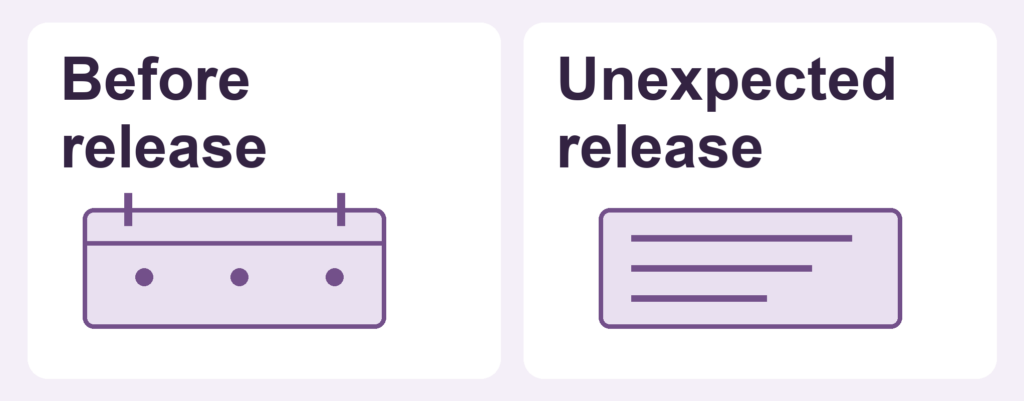 Two illustrated panels contrast before release with unexpected release, using a calendar and a resource document.