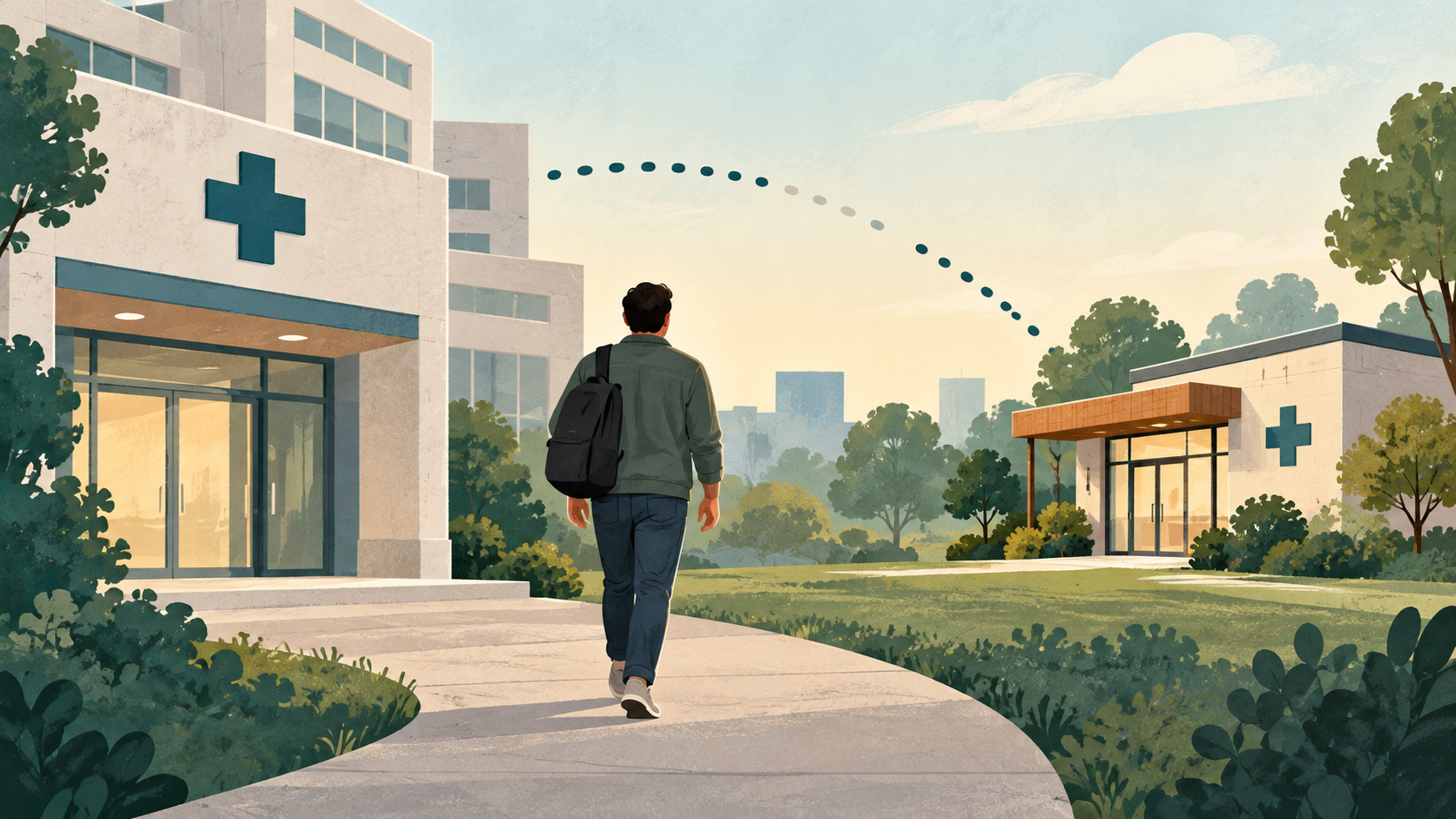 AI-generated editorial illustration of an adult leaving a hospital toward a community clinic, with an incomplete dotted connection between the buildings.