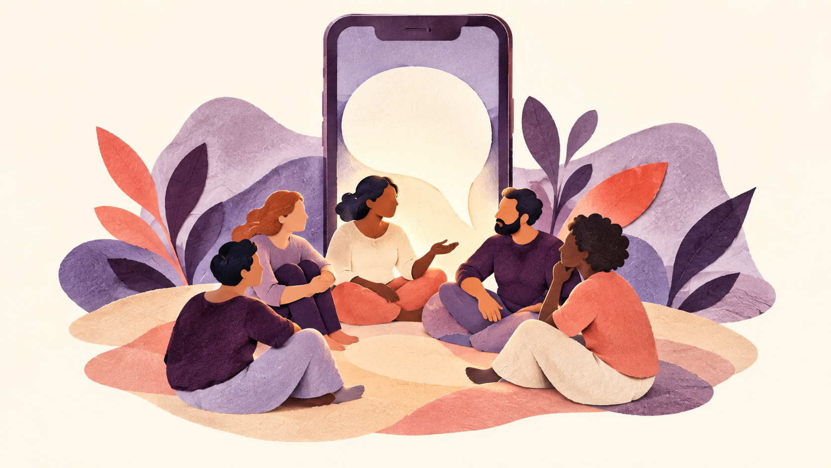 AI-generated illustration of people talking together in front of a smartphone and speech bubble.